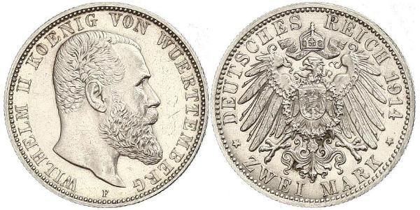 2 Марка Королевство Вюртемберг (1806-1918) Серебро Wilhelm II, German Emperor (1859-1941)
