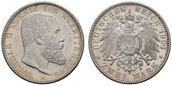 2 Марка Королевство Вюртемберг (1806-1918) Серебро Wilhelm II, German Emperor (1859-1941)