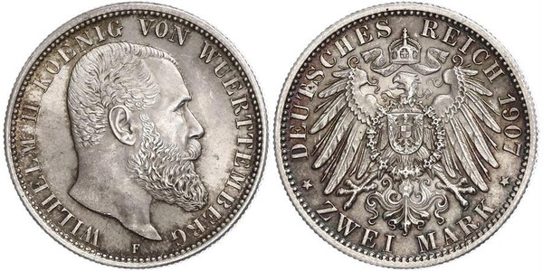 2 Марка Королевство Вюртемберг (1806-1918) Серебро Wilhelm II, German Emperor (1859-1941)
