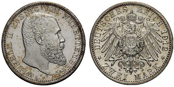 2 Марка Королевство Вюртемберг (1806-1918) Серебро Wilhelm II, German Emperor (1859-1941)