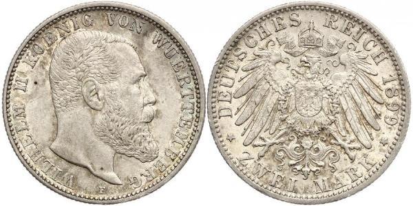 2 Марка Королевство Вюртемберг (1806-1918) Серебро Wilhelm II, German Emperor (1859-1941)
