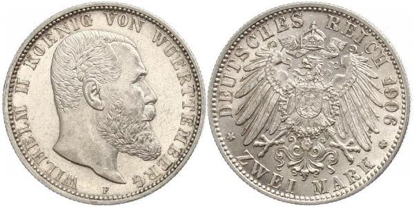2 Марка Королевство Вюртемберг (1806-1918) Серебро Wilhelm II, German Emperor (1859-1941)