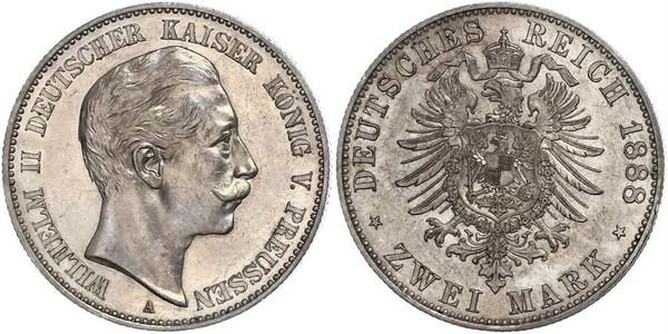 2 Марка Пруссия (королевство) (1701-1918) Серебро Wilhelm II, German Emperor (1859-1941)