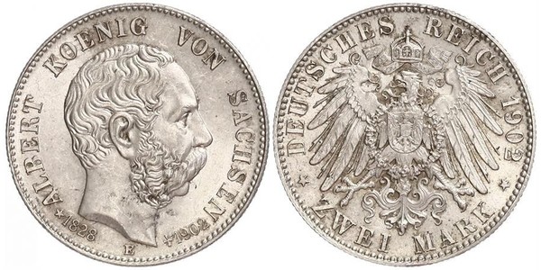 2 Марка Саксония (королевство) (1806 - 1918) Серебро Альберт (король Саксонии)