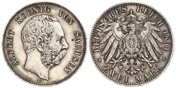 2 Марка Саксония (королевство) (1806 - 1918) Серебро Альберт (король Саксонии)
