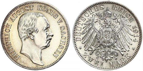 2 Марка Саксония (королевство) (1806 - 1918) Серебро Фридрих Август III (король Саксонии) (1865-1932)