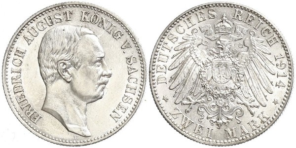 2 Марка Саксония (королевство) (1806 - 1918) Серебро Фридрих Август III (король Саксонии) (1865-1932)