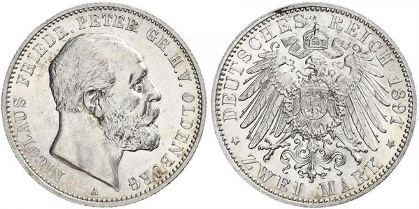 2 Марка Grand Duchy of Oldenburg (1814 - 1918) Срібло Peter II, Grand Duke of Oldenburg (1827 - 1900)