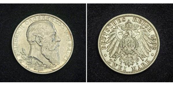 2 Марка Велике герцогство Баден (1806-1918) Срібло Frederick I, Grand Duke of Baden (1826 - 1907)