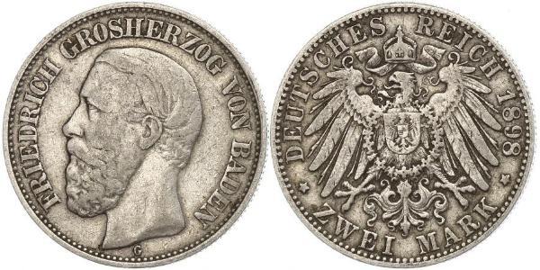 2 Марка Велике герцогство Баден (1806-1918) Срібло Frederick I, Grand Duke of Baden (1826 - 1907)