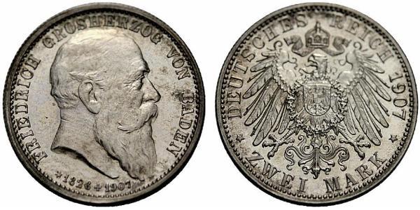 2 Марка Велике герцогство Баден (1806-1918) Срібло Frederick I, Grand Duke of Baden (1826 - 1907)