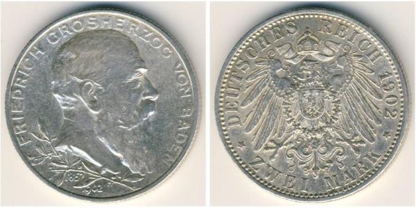 2 Марка Велике герцогство Баден (1806-1918) Срібло Frederick I, Grand Duke of Baden (1826 - 1907)