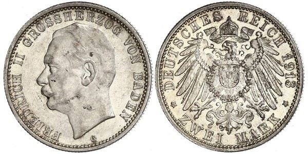 2 Марка Велике герцогство Баден (1806-1918) Срібло Frederick II, Grand Duke of Baden (1857 - 1928)
