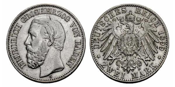 2 Марка Велике герцогство Баден (1806-1918) Срібло Frederick I, Grand Duke of Baden (1826 - 1907)