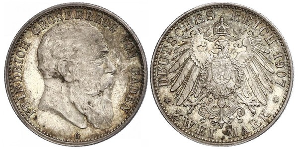2 Марка Велике герцогство Баден (1806-1918) Срібло Frederick I, Grand Duke of Baden (1826 - 1907)