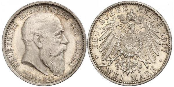 2 Марка Велике герцогство Баден (1806-1918) Срібло Frederick I, Grand Duke of Baden (1826 - 1907)