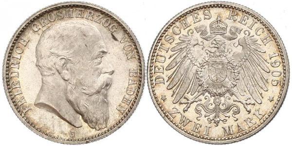 2 Марка Велике герцогство Баден (1806-1918) Срібло Frederick I, Grand Duke of Baden (1826 - 1907)