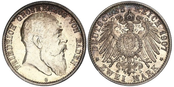 2 Марка Велике герцогство Баден (1806-1918) Срібло Frederick I, Grand Duke of Baden (1826 - 1907)