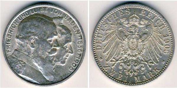 2 Марка Велике герцогство Баден (1806-1918) Срібло Frederick I, Grand Duke of Baden (1826 - 1907)
