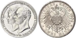 2 Марка Герцогство Мекленбург-Шверин (1352-1918) Срібло Frederick Francis IV, Grand Duke of Mecklenburg (1882 - 1945)
