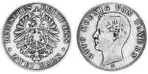2 Марка Королівство Баварія (1806 - 1918) Срібло Otto of Bavaria (1848 – 1916)