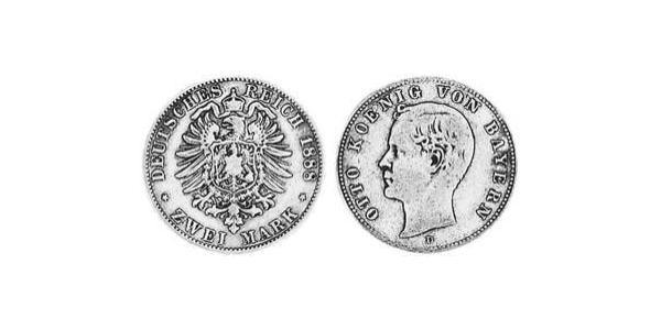 2 Марка Королівство Баварія (1806 - 1918) Срібло Otto of Bavaria (1848 – 1916)
