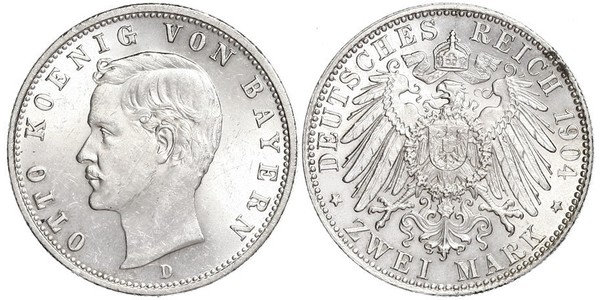 2 Марка Королівство Баварія (1806 - 1918) Срібло Otto of Bavaria (1848 – 1916)