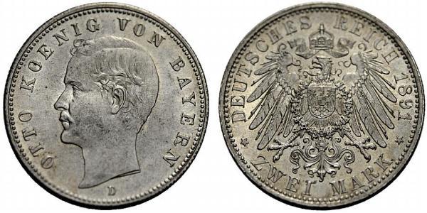 2 Марка Королівство Баварія (1806 - 1918) Срібло Otto of Bavaria (1848 – 1916)