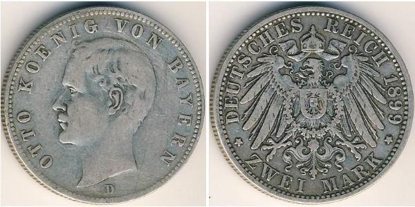 2 Марка Королівство Баварія (1806 - 1918) Срібло Otto of Bavaria (1848 – 1916)