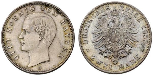 2 Марка Королівство Баварія (1806 - 1918) Срібло Otto of Bavaria (1848 – 1916)