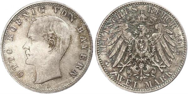 2 Марка Королівство Баварія (1806 - 1918) Срібло Otto of Bavaria (1848 – 1916)