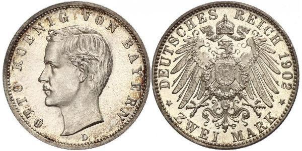2 Марка Королівство Баварія (1806 - 1918) Срібло Otto of Bavaria (1848 – 1916)