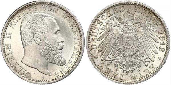 2 Марка Королівство Вюртемберг Срібло Wilhelm II, German Emperor (1859-1941)