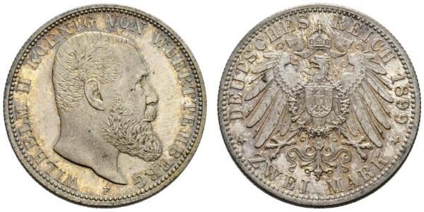 2 Марка Королівство Вюртемберг Срібло Wilhelm II, German Emperor (1859-1941)
