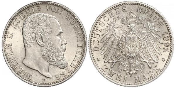 2 Марка Королівство Вюртемберг Срібло Wilhelm II, German Emperor (1859-1941)