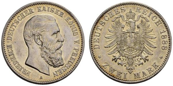 2 Марка Королівство Пруссія (1701-1918) Срібло Фрідріх III (німецький імператор) (1831-1888)