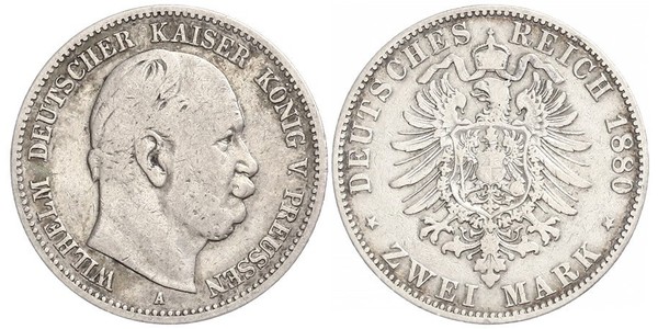 2 Марка Королівство Пруссія (1701-1918) Срібло Wilhelm I, German Emperor (1797-1888)