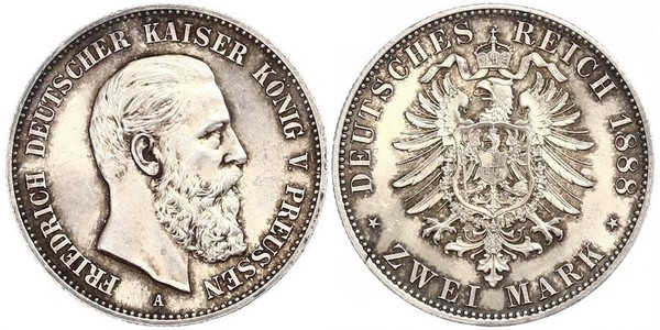 2 Марка Королівство Пруссія (1701-1918) Срібло Фрідріх III (німецький імператор) (1831-1888)