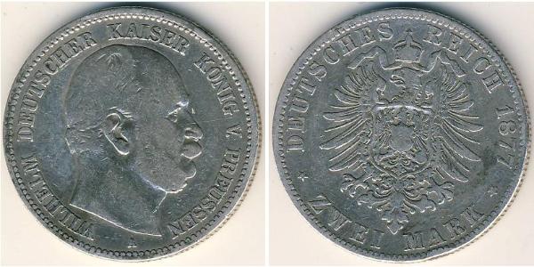 2 Марка Королівство Пруссія (1701-1918) Срібло Wilhelm I, German Emperor (1797-1888)