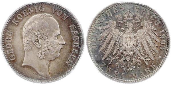 2 Марка Королівство Саксонія (1806 - 1918) Срібло George, King of Saxony
