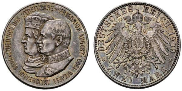 2 Марка Королівство Саксонія (1806 - 1918) Срібло Frederick Augustus III of Saxony (1865-1932)