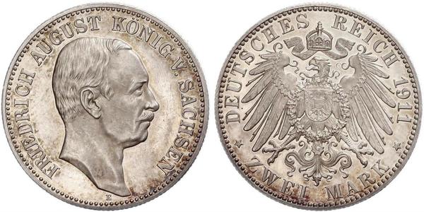 2 Марка Королівство Саксонія (1806 - 1918) Срібло Frederick Augustus III of Saxony (1865-1932)