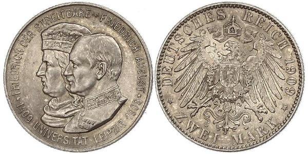 2 Марка Королівство Саксонія (1806 - 1918) Срібло Frederick Augustus III of Saxony (1865-1932)