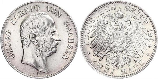 2 Марка Королівство Саксонія (1806 - 1918) Срібло George, King of Saxony