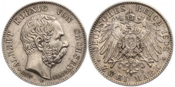 2 Марка Королівство Саксонія (1806 - 1918) Срібло Albert of Saxony
