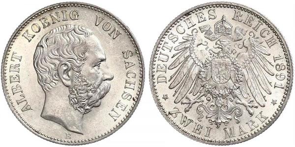 2 Марка Королівство Саксонія (1806 - 1918) Срібло Albert of Saxony