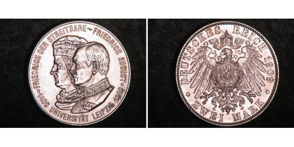 2 Марка Королівство Саксонія (1806 - 1918) Срібло Frederick Augustus III of Saxony (1865-1932)
