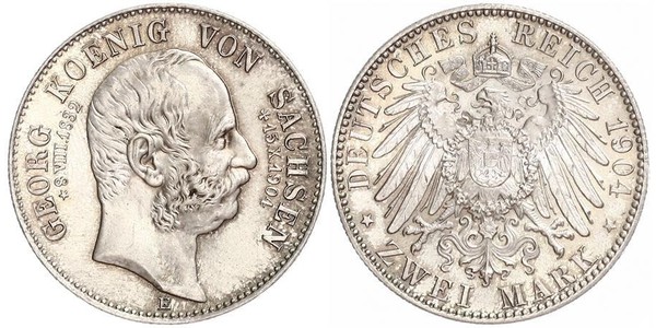 2 Марка Королівство Саксонія (1806 - 1918) Срібло George, King of Saxony