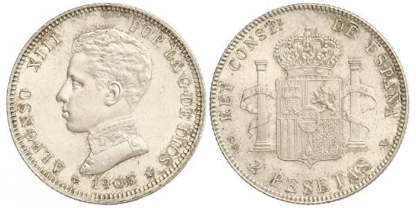 2 Песета Королевство Испания (1874 - 1931) Серебро Alfonso XIII of Spain (1886 - 1941)