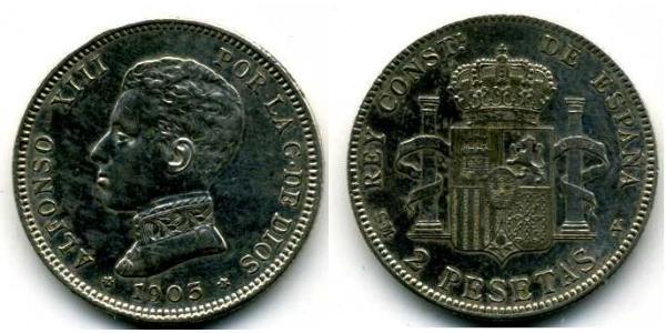 2 Песета Королівство Іспанія (1874 - 1931) Срібло Alfonso XIII of Spain (1886 - 1941)